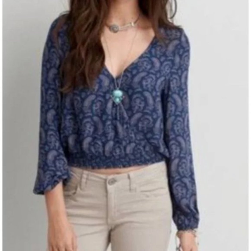 American Eagle XS Paisley Viscose Wrap Balloon Sleeve Smocked Crop Peasant Top‎